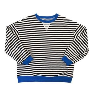 Black White Striped Sweatshirt Blue Trim Womens Medium Oversized